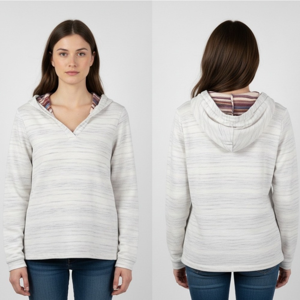 Pure Jill Hooded V-Neck‎ Top Small | 100% Cotton Soft Knit Stripe Lined Hoodie